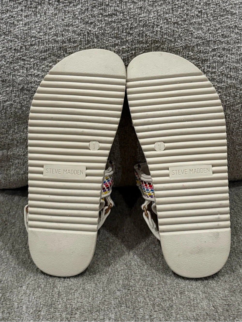 Steve Madden Woven Strap Kid’s White Sandals with Multicolor Accents
